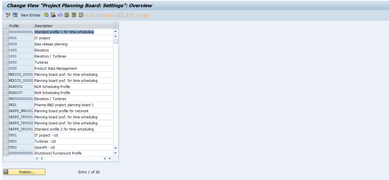 OPT7 SAP Tcode Project planning board profile Transaction Code