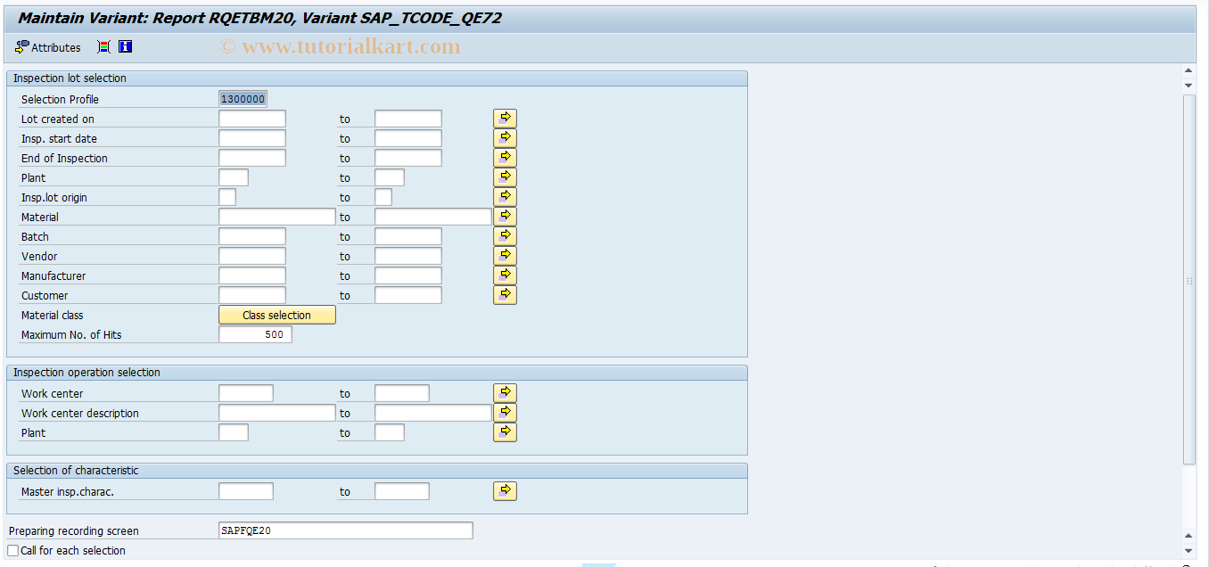 OQIO SAP Tcode Results recording for inspection lots Transaction Code