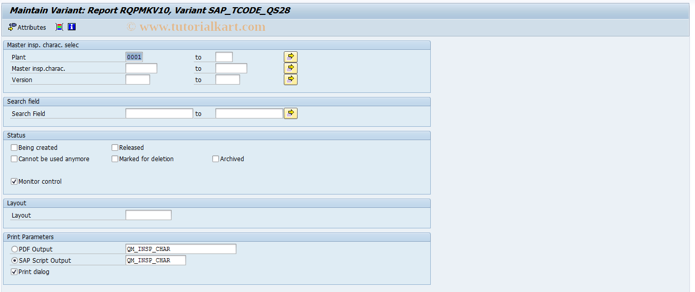 OQIU SAP Tcode Settings for Master Insp. Characteristic List