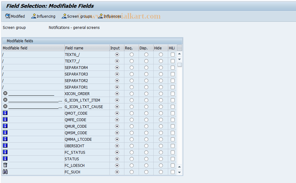 OQM1 SAP Tcode QNotification Field Selection Gen. Transaction Code