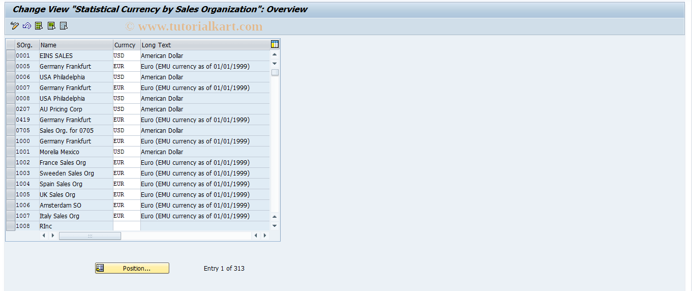 OVRB SAP Tcode Statistical Currency per Sales Organizational