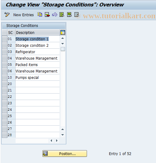 OVT1 SAP Tcode C SD Table 142 Storage conditions Transaction Code