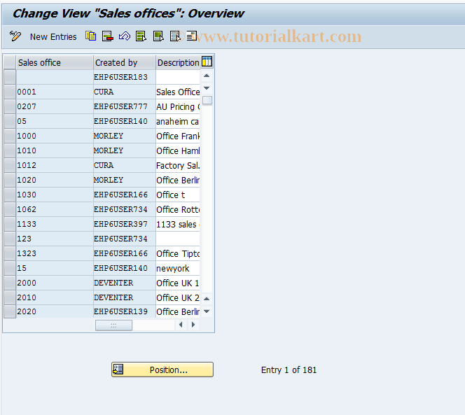 OVX1 SAP Tcode C RV Tab. VBUR Sales offices Transaction Code