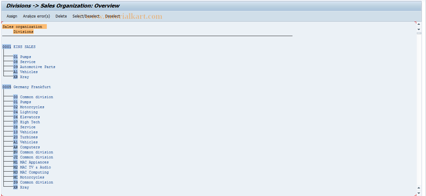 OVXA SAP Tcode Division > Sales organization Transaction Code