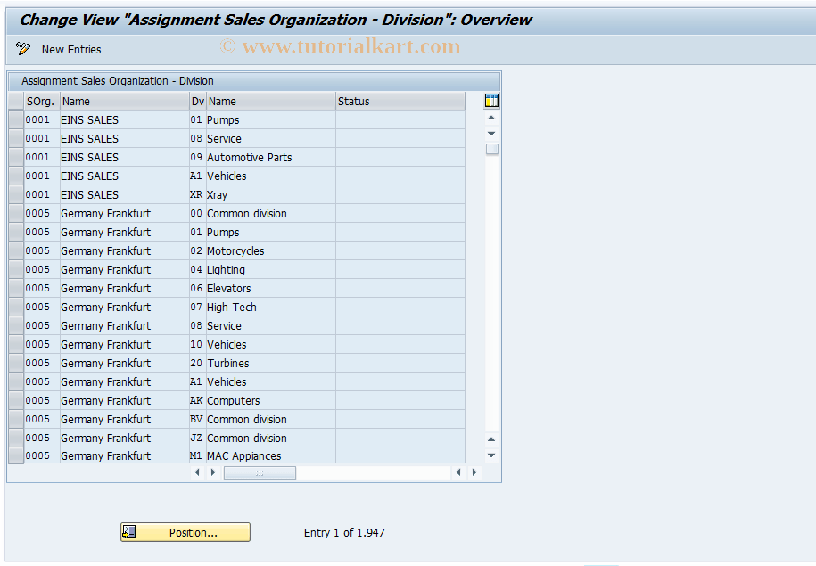 OVXAN SAP Tcode Division > Sales organization Transaction Code