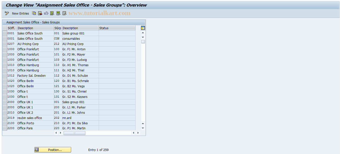 OVXJN SAP Tcode Sales group > Sales office Transaction Code