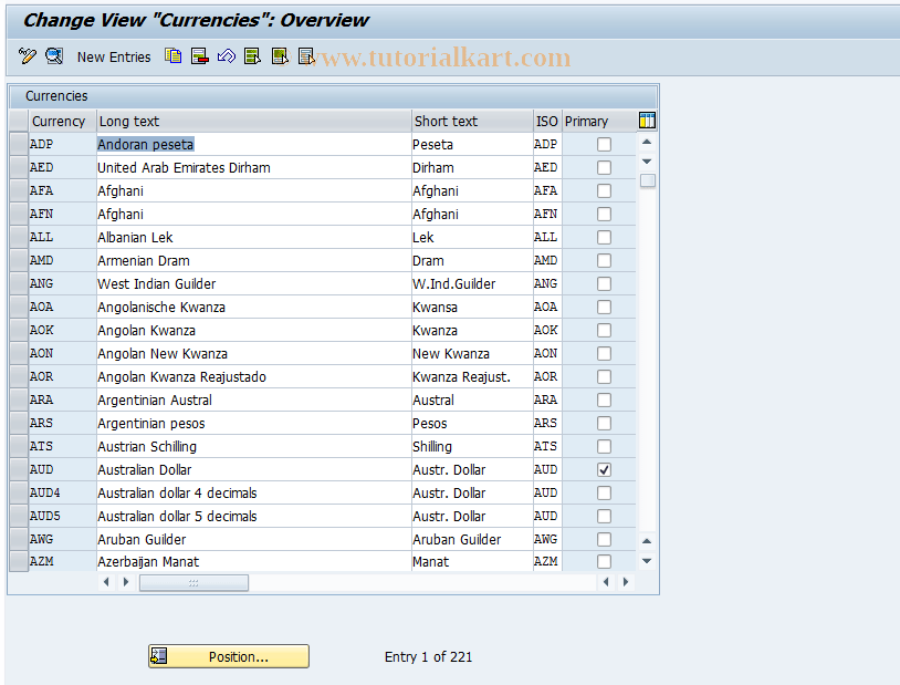 OY03 SAP Tcode Define currencies Transaction Code
