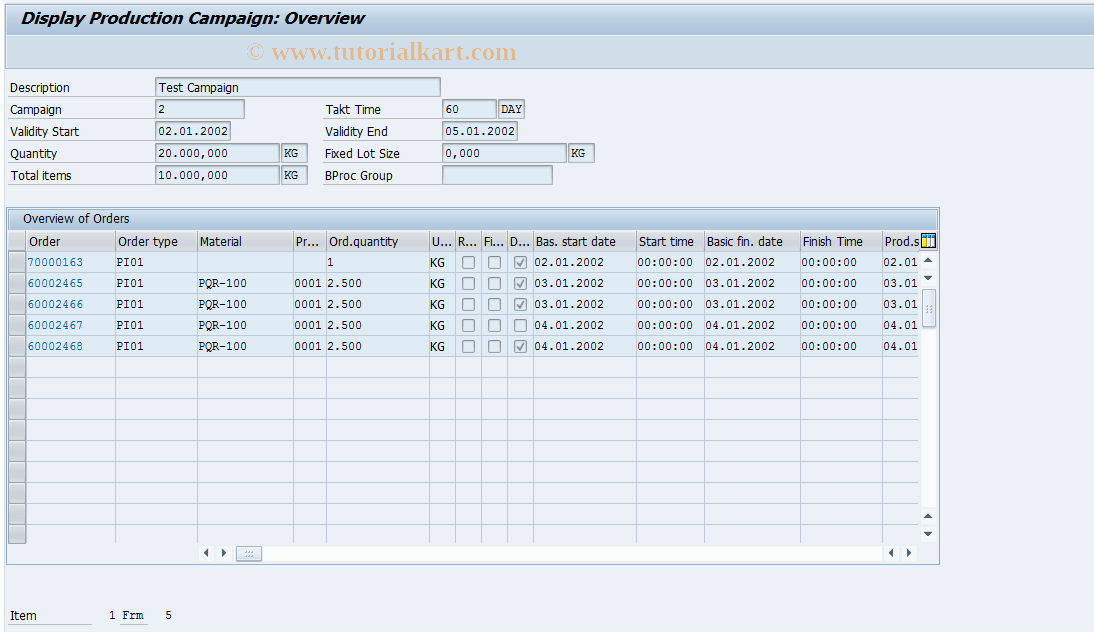 PCA3 SAP Tcode Display Production Camp. Initial Screen Transaction Code