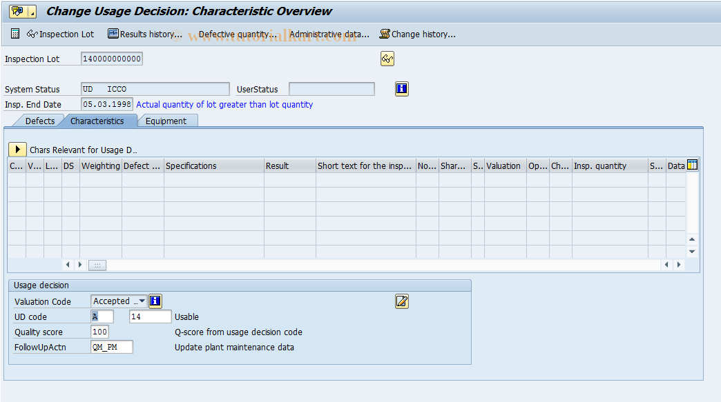 QA12 SAP Tcode Change usage decision with history Transaction Code
