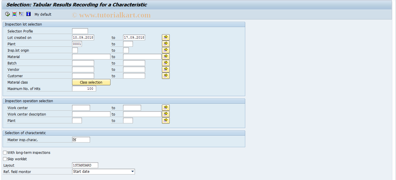 QE73 SAP Tcode Tabular res. recording for characs. Transaction Code