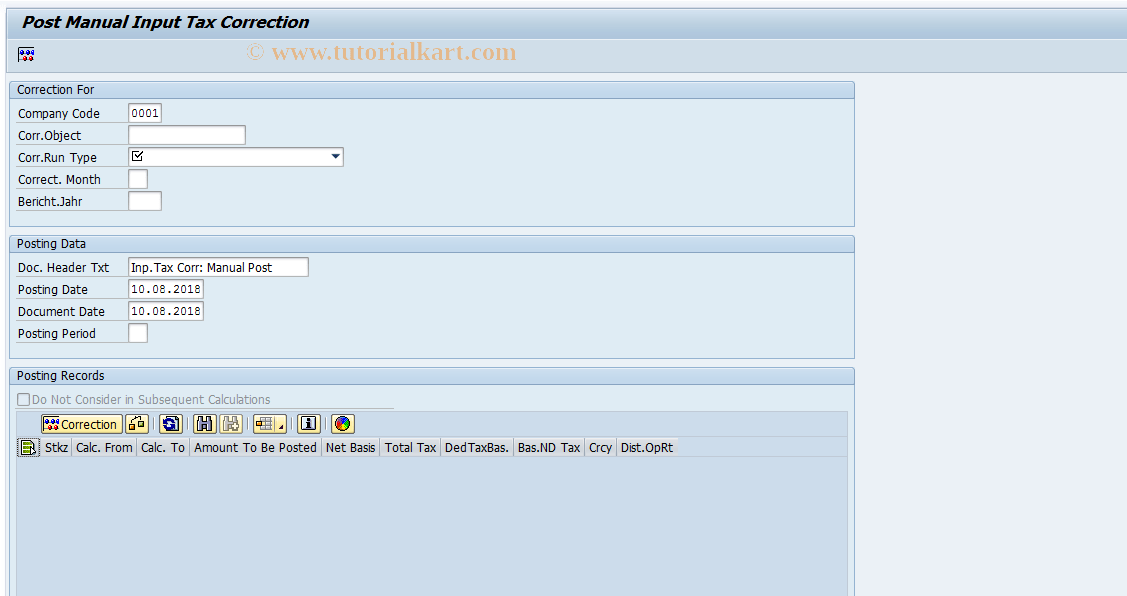 REITTCPOST SAP Tcode InpTaxCorr Manual Posting Transaction Code