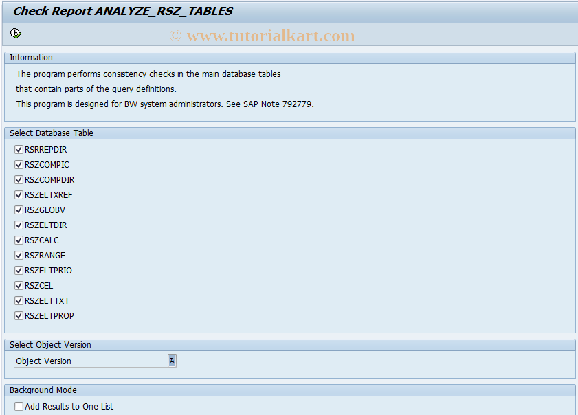 RSZTABLES SAP Tcode Call ANALYZE_RSZ_TABLES Transaction Code