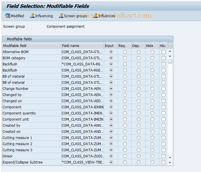 SAP Tcode Component assignment field selection Transaction Code