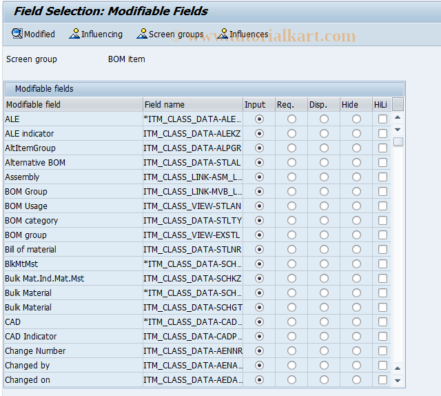 SFACITM SAP Tcode BOM item field selection Transaction Code