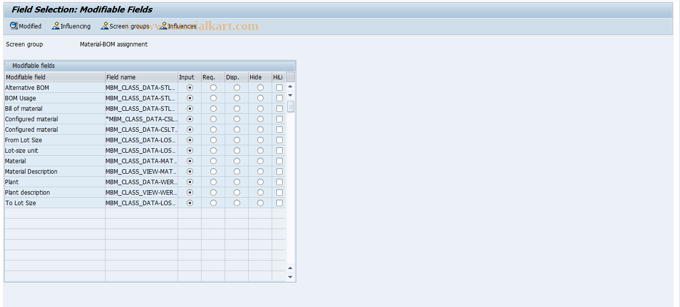 SFACMBM SAP Tcode Mat. BOM assignment field selection Transaction Code