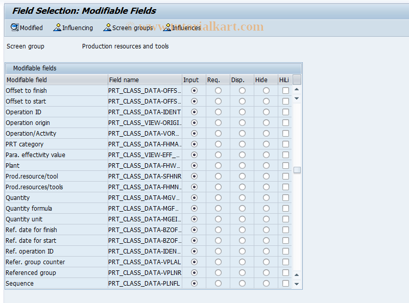 SFACPRT SAP Tcode Field selection PRT Transaction Code