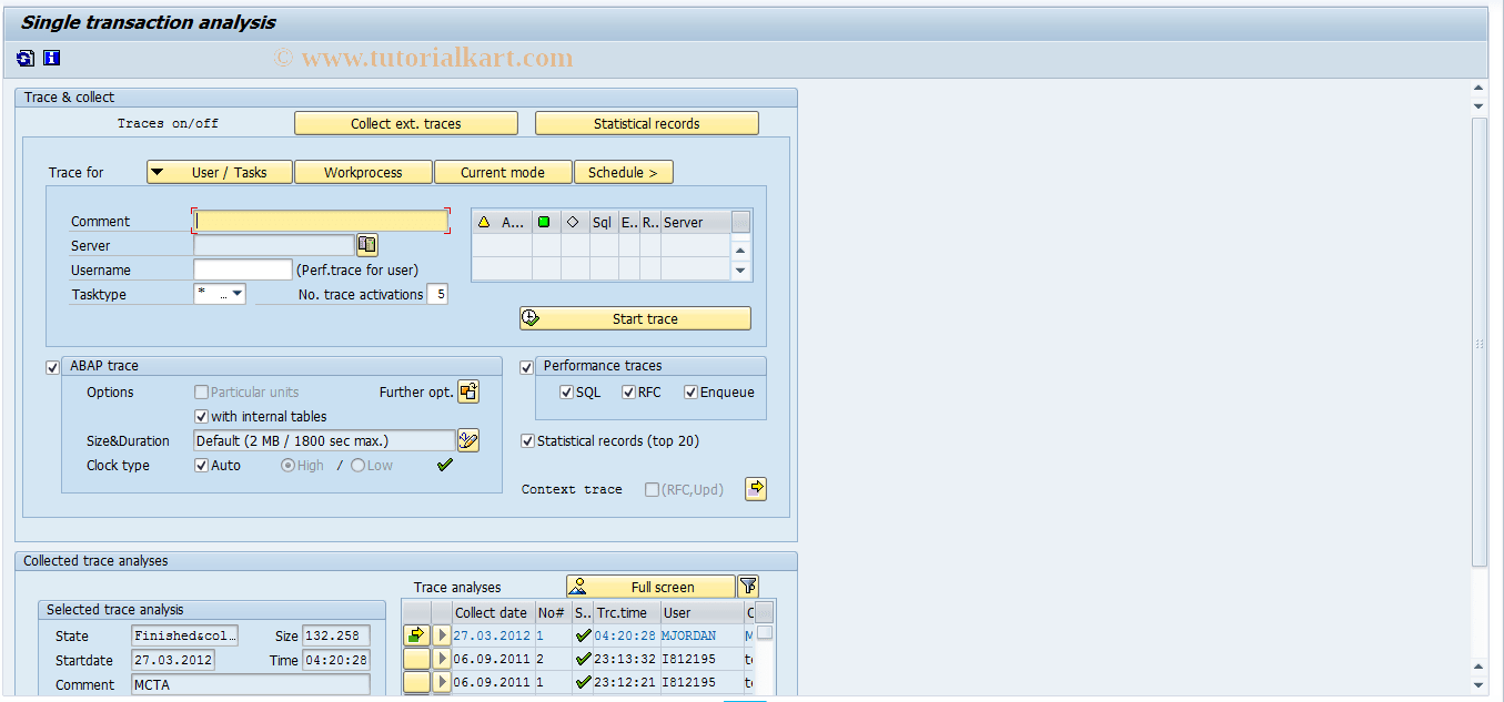 ST12 SAP Tcode Single transaction analysis Transaction Code