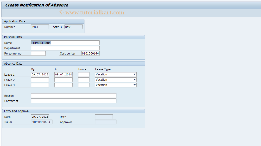 SWXF SAP Tcode DEMO Create Notification of Absence Transaction Code