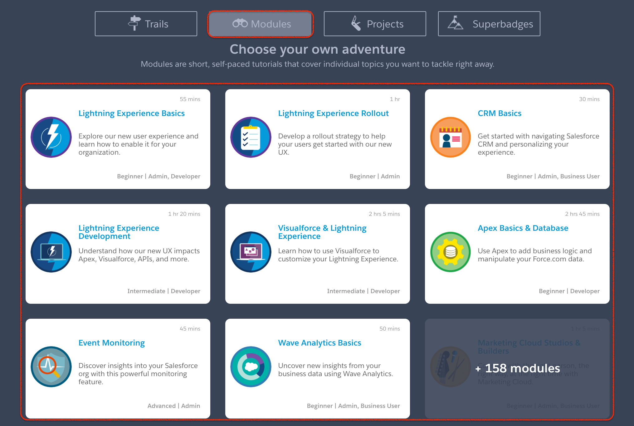 Salesforce Trailhead Trails, Modules, Projects, Superbadges