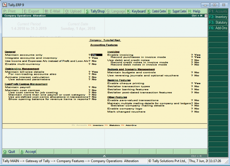 Accounting Features in Tally (F1 Accounts) Tally ERP 9 Tutorial