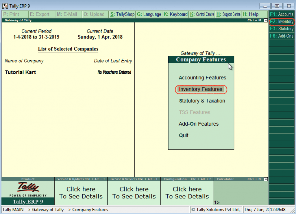 Inventory Features in Tally (F2 Inventory)