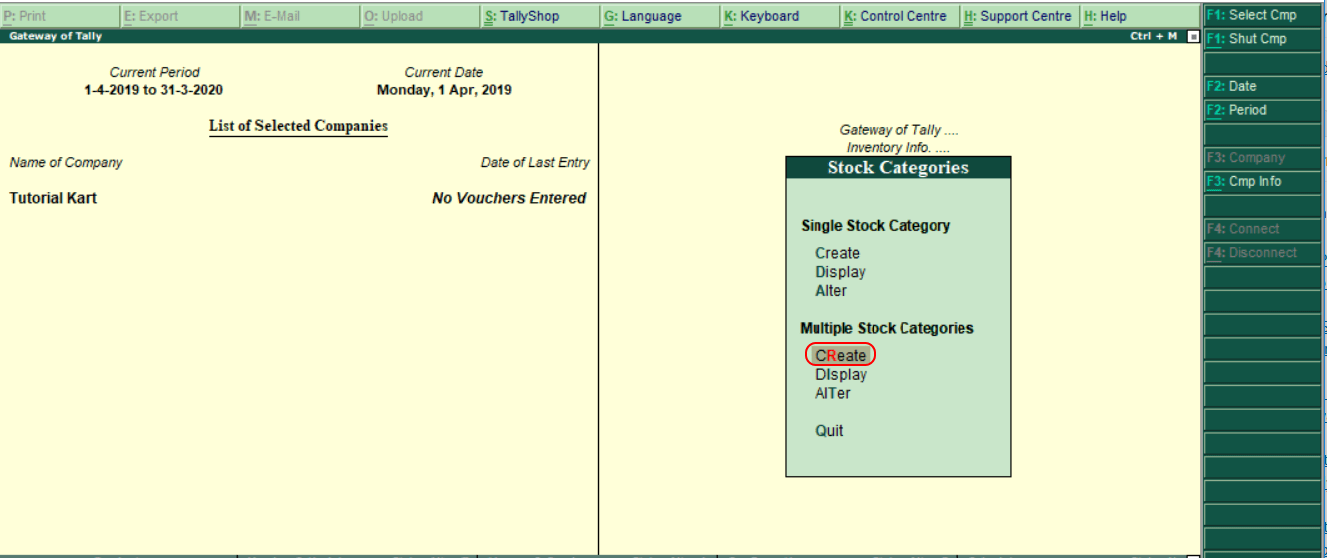 How to Create Stock Category in Tally