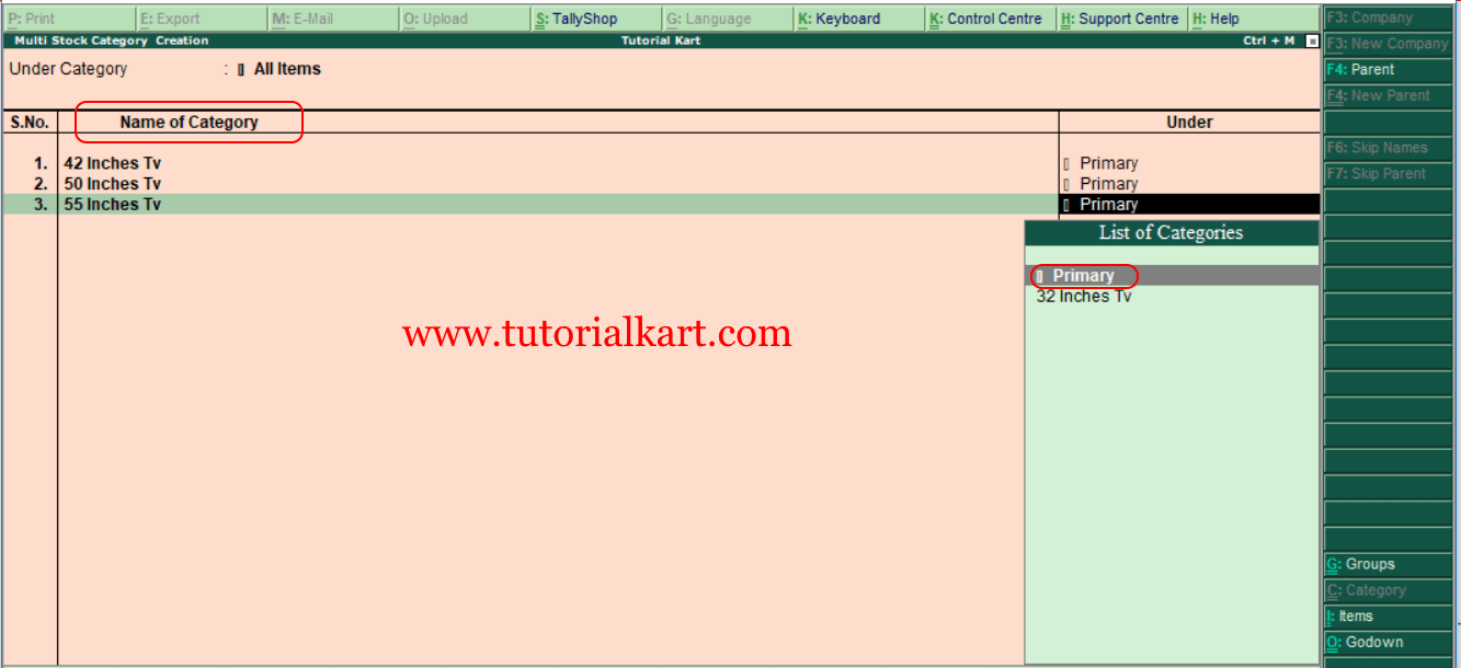 How to Create Stock Category in Tally
