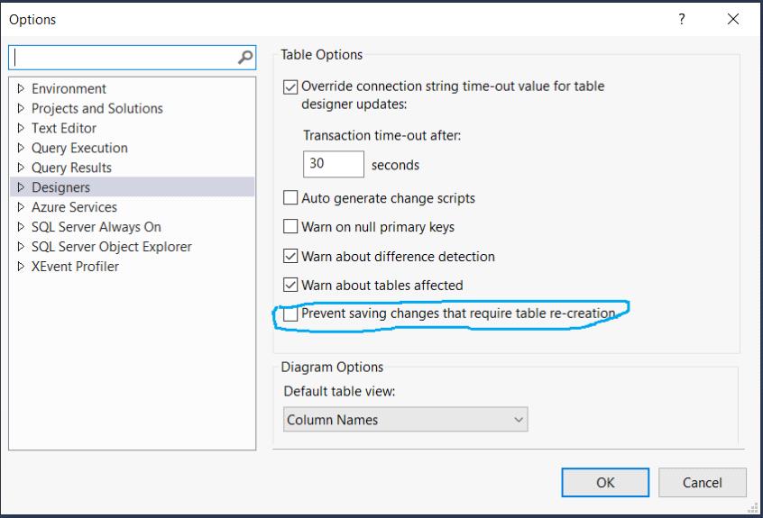 SQL Server Error Saving Changes is not permitted