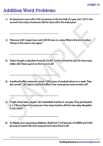 4-Digit Addition Word Problems Worksheets
