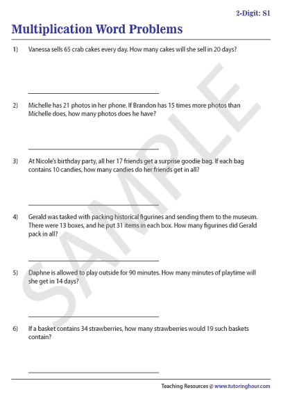 2-Digit Multiplication Word Problems Worksheets