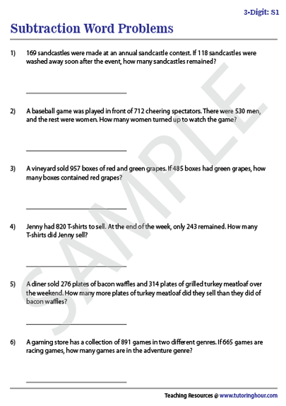 3-Digit Subtraction Word Problems Worksheets