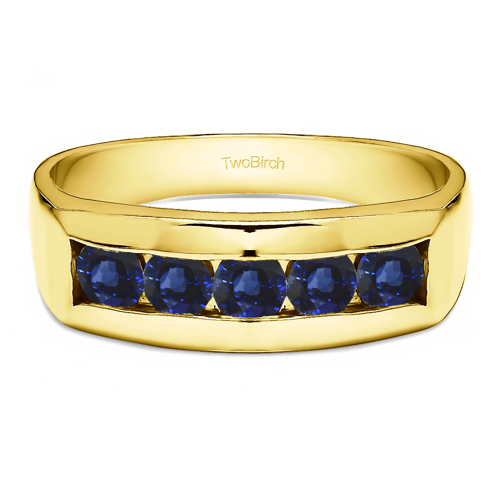 TwoBirch Men's Wedding Rings 1 Ct. Sapphire 5 Stone Channel Set Men's Wedding Ring in Yellow Gold
