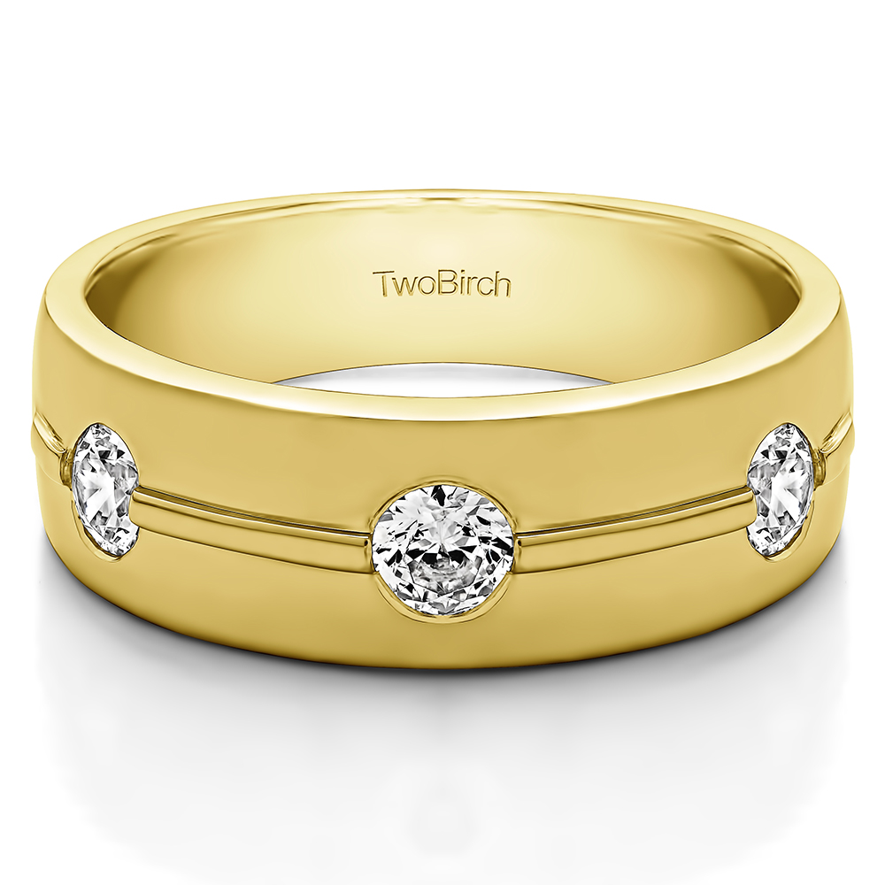 TwoBirch Men's Wedding Rings 0.5 Ct. Three Stone Burnished Men's