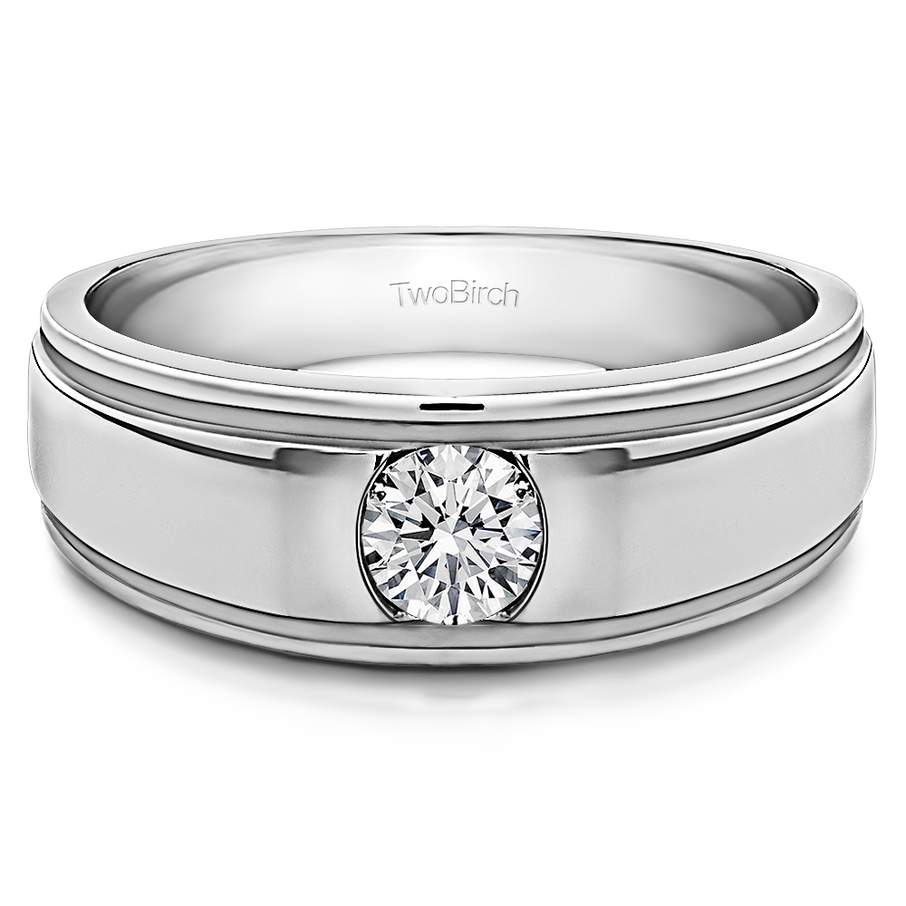 TwoBirch Men's Wedding Rings 0.17 Ct. Men's Round Burnished Set Solitaire