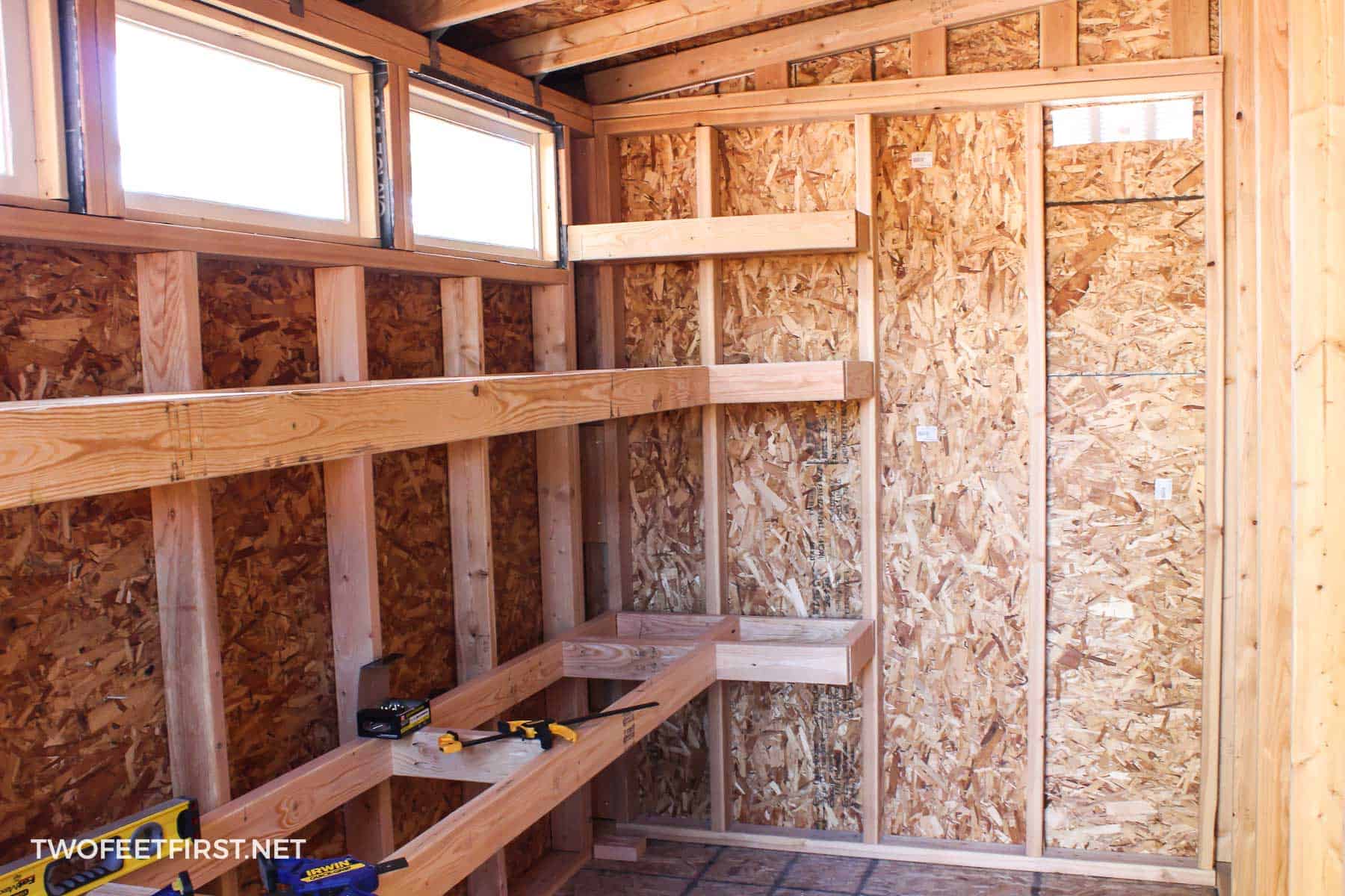 How to build storage shelves in a shed with 2x4 and plywood