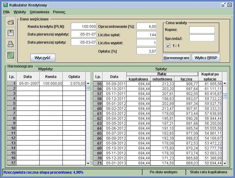 Kalkulator Kredytowy 1.0 progam wyliczający harmonogram spłat kredytu