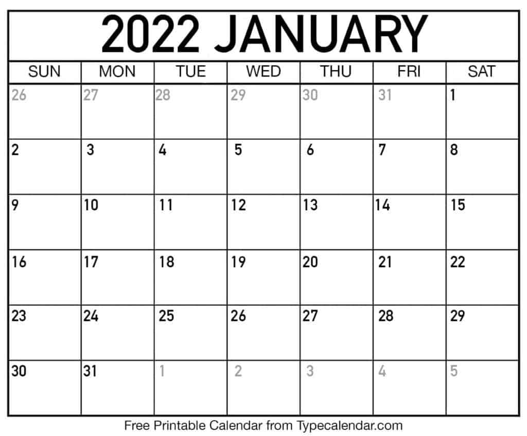 Free Printable January 2022 Calendars