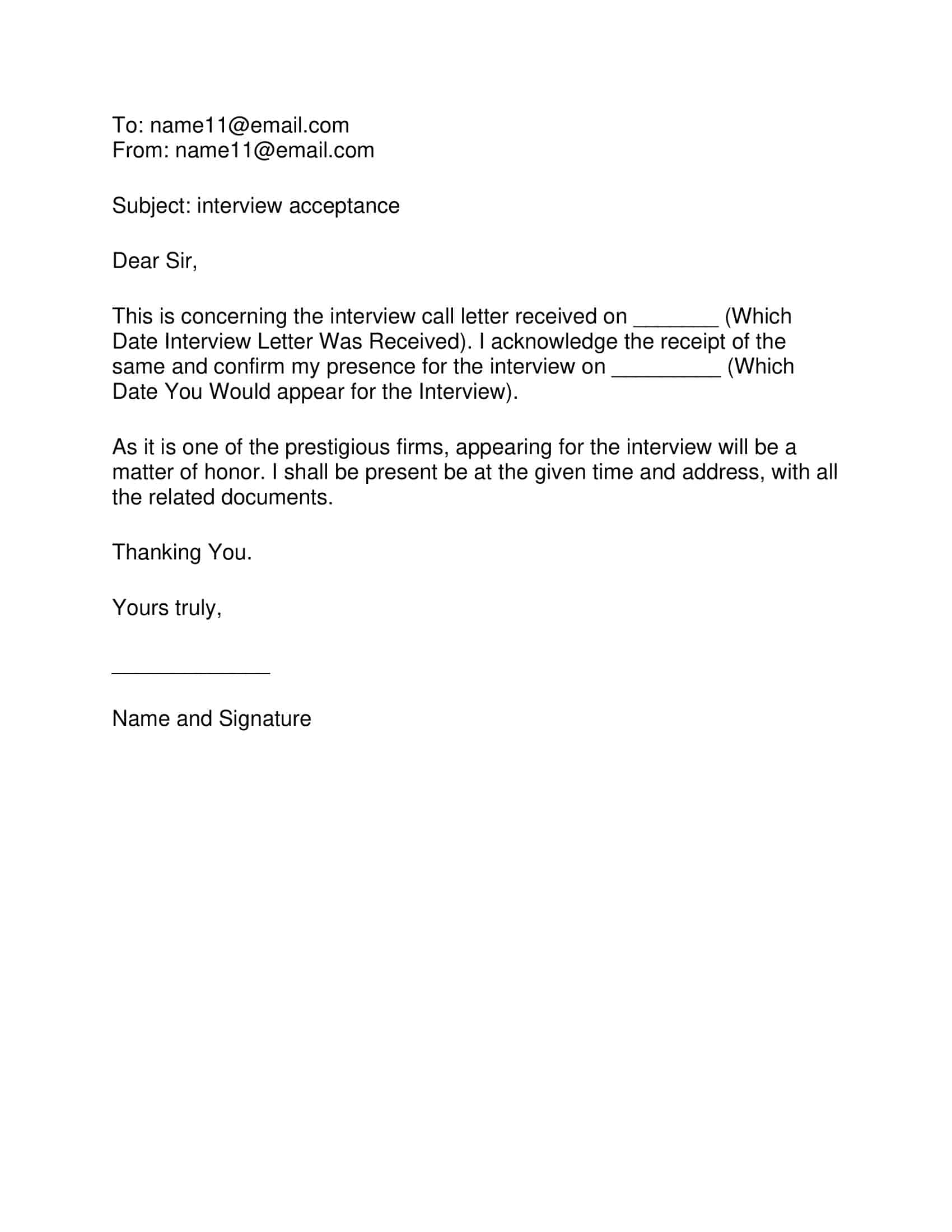 Free Printable Interview Acceptance Email Templates [Reply] Sample