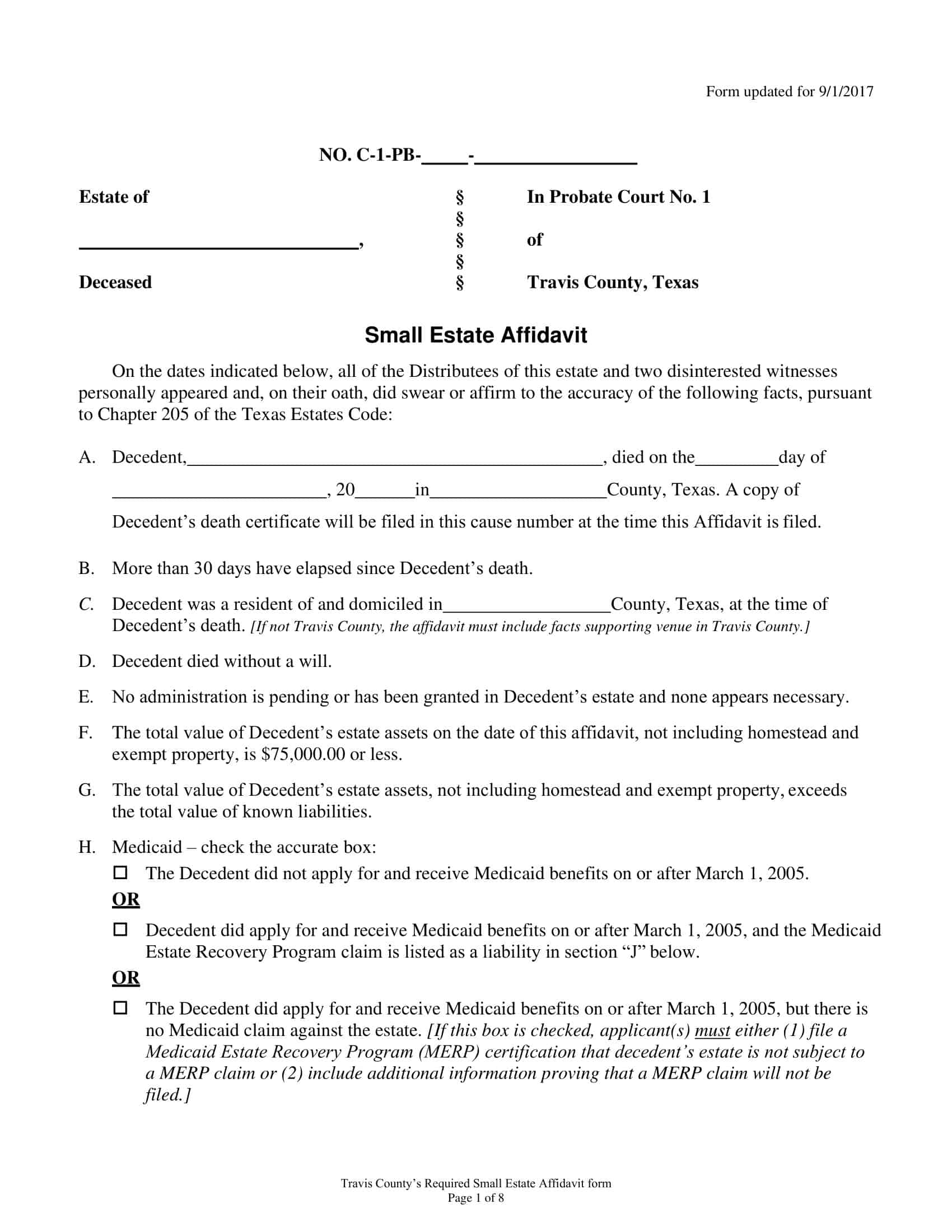 Free Printable Small Estate Affidavit Templates [PDF, Word] Example