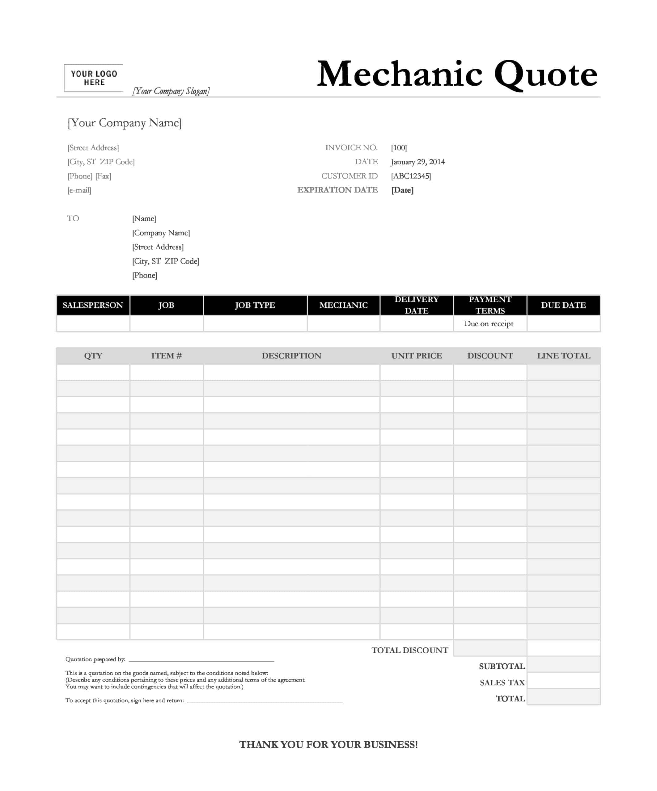 Free Printable Auto Repair Invoice Templates [PDF, Word, Excel]