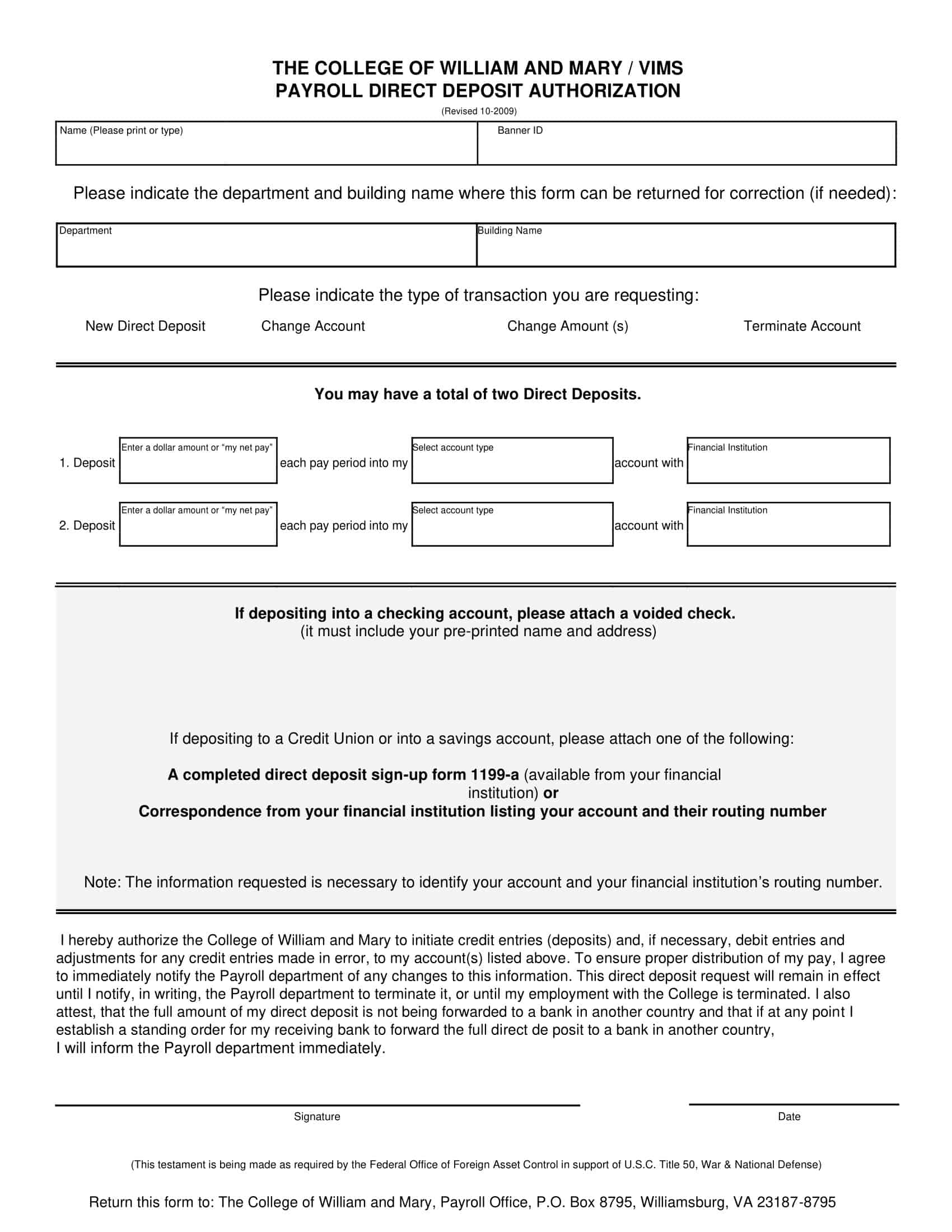 Free Printable Direct Deposit Authorization Form Templates [PDF]