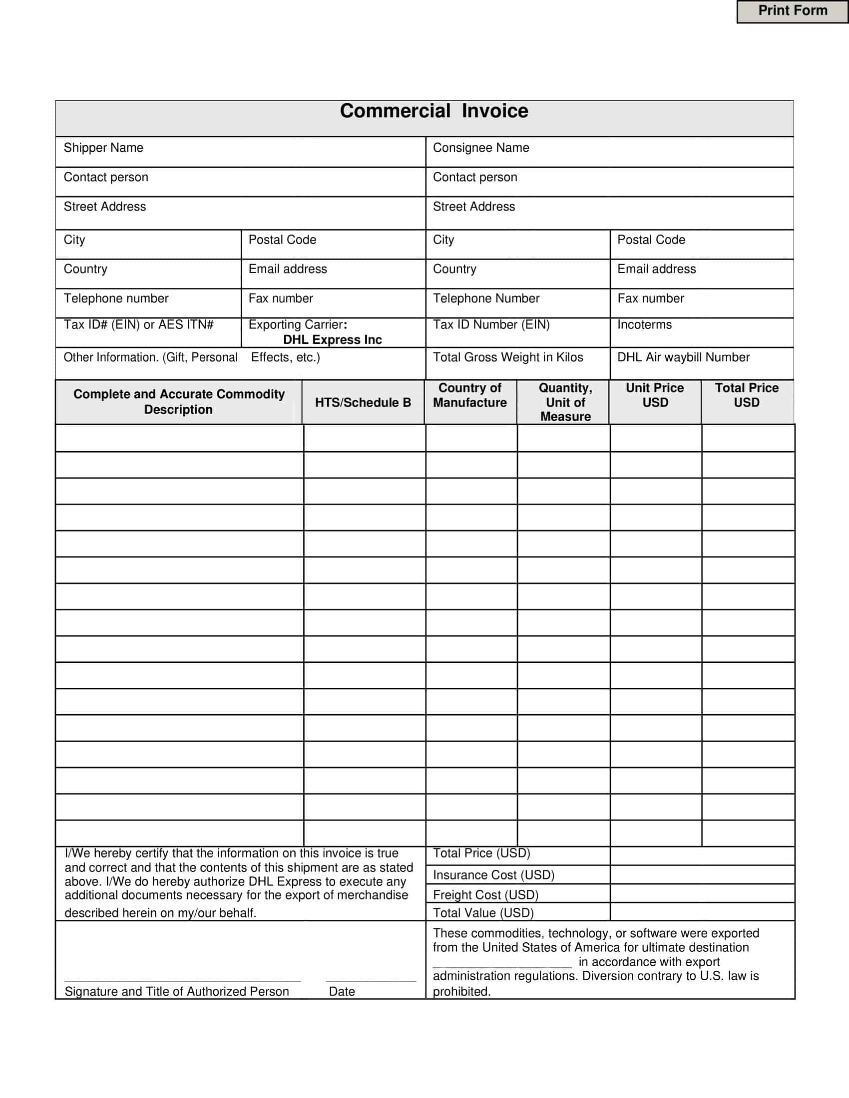 Free Printable Commercial Invoice Templates [Word, PDF, Excel]