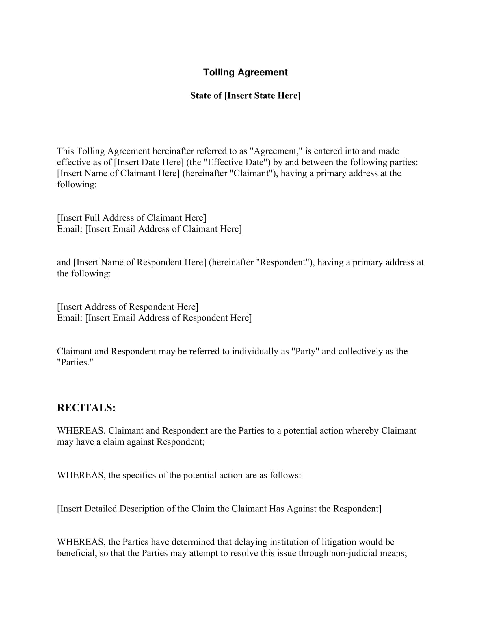 Free Printable Tolling Agreement Templates [PDF, Word]