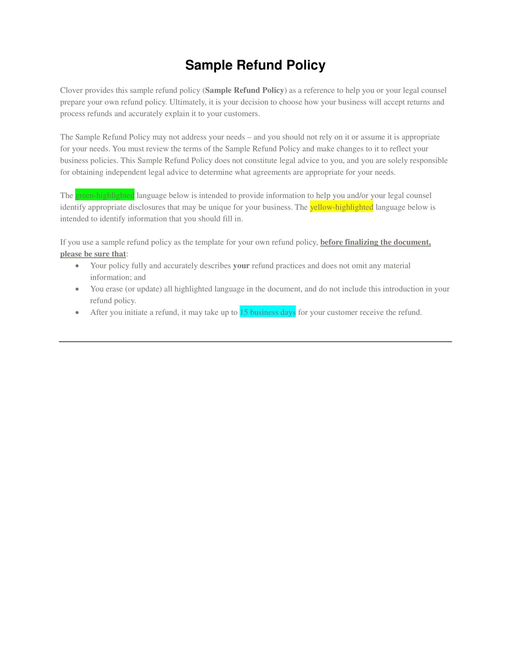 Free Printable Refund Policy Templates [Word, PDF] Services, Digital