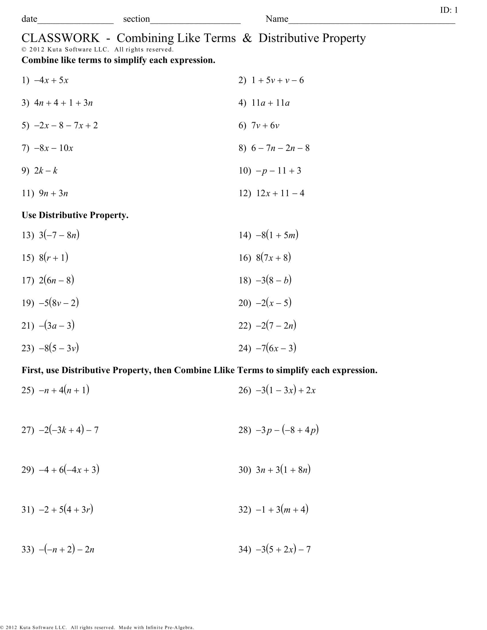 Free Printable Combining Like Terms Worksheets [PDF] Answers