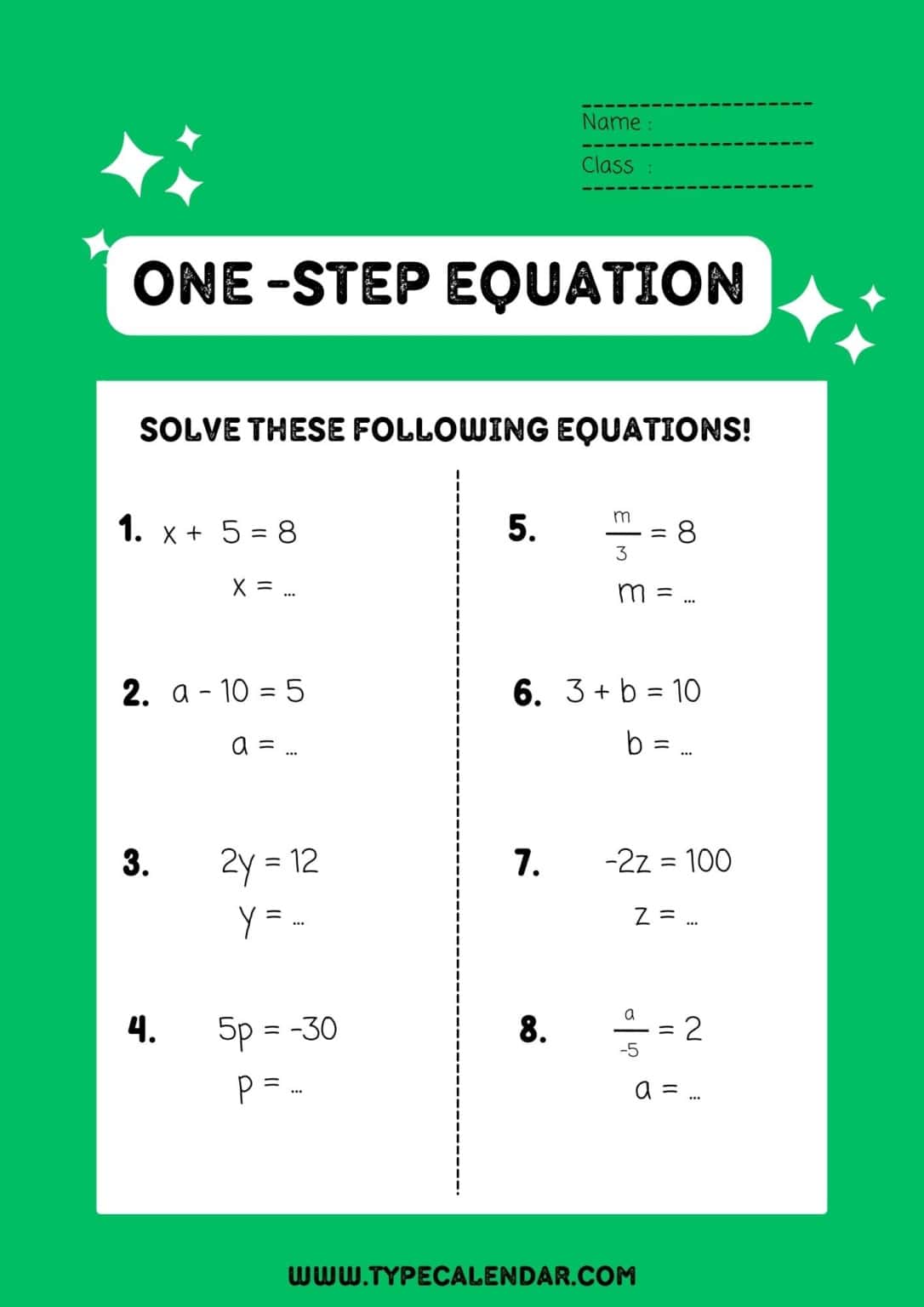 Free Printable One-Step Equation Worksheets [PDF] With Answers