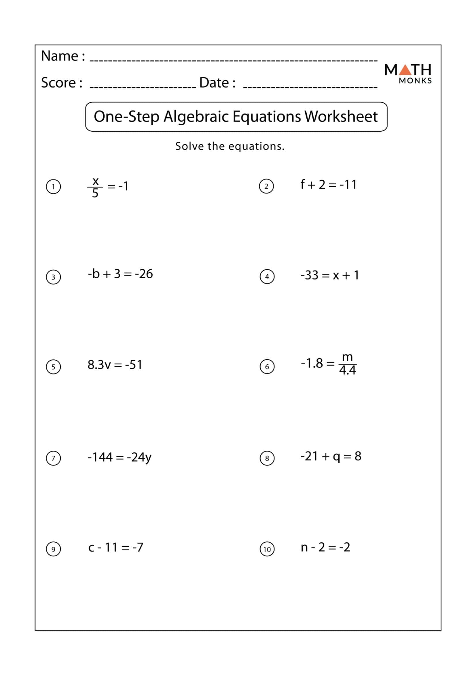Free Printable OneStep Equation Worksheets [PDF] With Answers