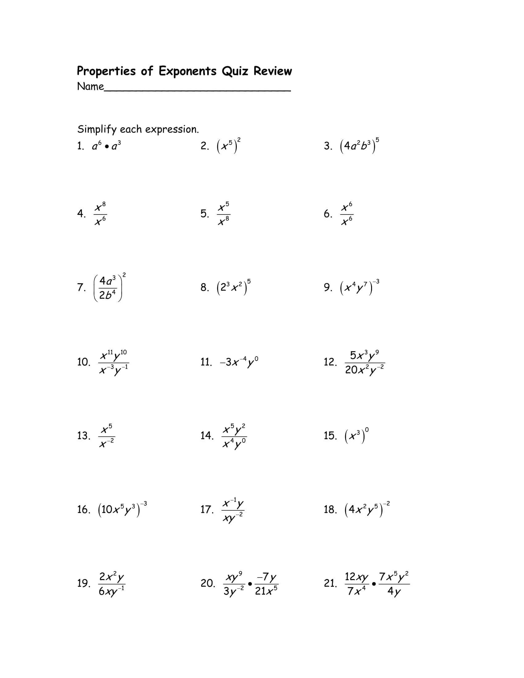 Free Printable Exponent Rules Worksheets [PDF] Answers Grade 1-12