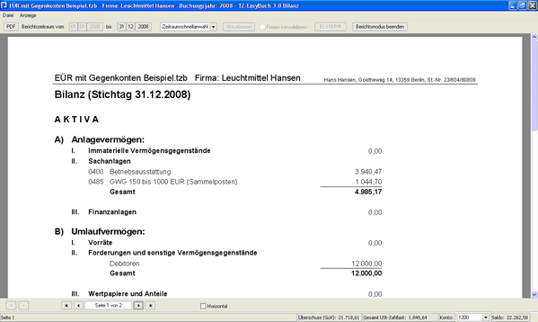 Buchhaltungssoftware TZEasyBuch 3.0 Bilanz
