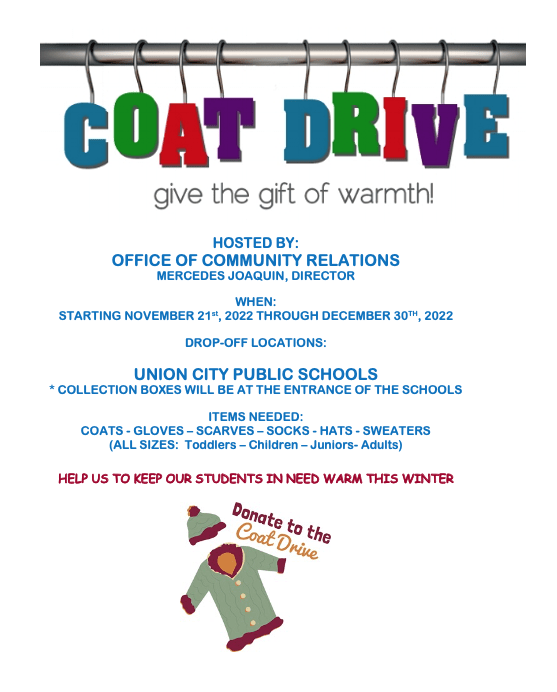 Please support our Winter Coats Drive Union City Public Schools